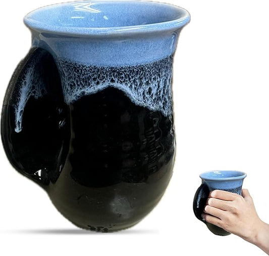 Clay in Motion Hand Warmer Coffee Mug – Handmade Coffee Mug With Comfortable Handle Contoured Pocket Hand Warming Ceramic Coffee Mug – Proudly Made in USA – Left Handed – 14 Oz - Lava Foam
