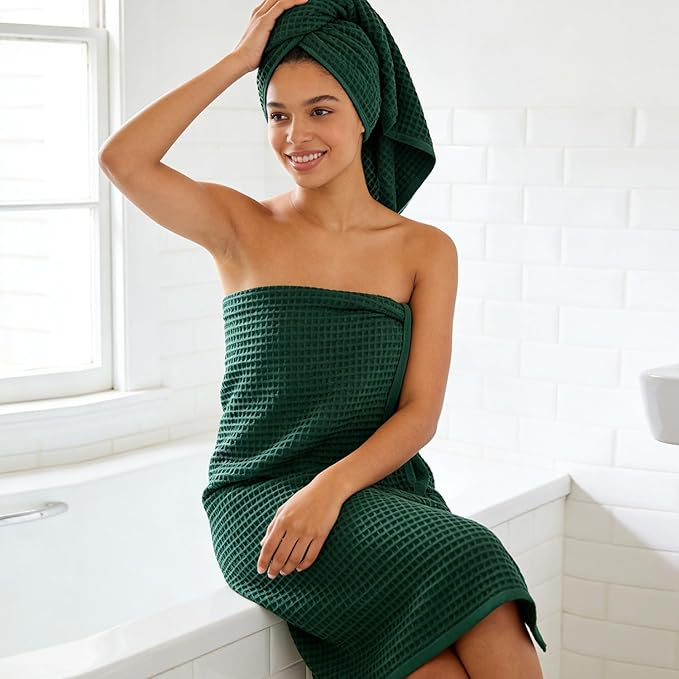 Jacquotha Waffle Bath Towels 2-Piece (Forest Green) - Cotton, Soft, Quick Dry, 31” x 62” Shower Towels for Bathroom Decor, Beach, Guest