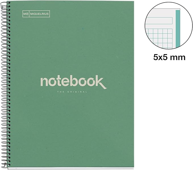 Miquelrius - Recycled notebook A4-80 Sheets 80 g - Grid 5x5 mm - 1 Color Strip - Recycled Cardboard Lid - Color Eco Mint