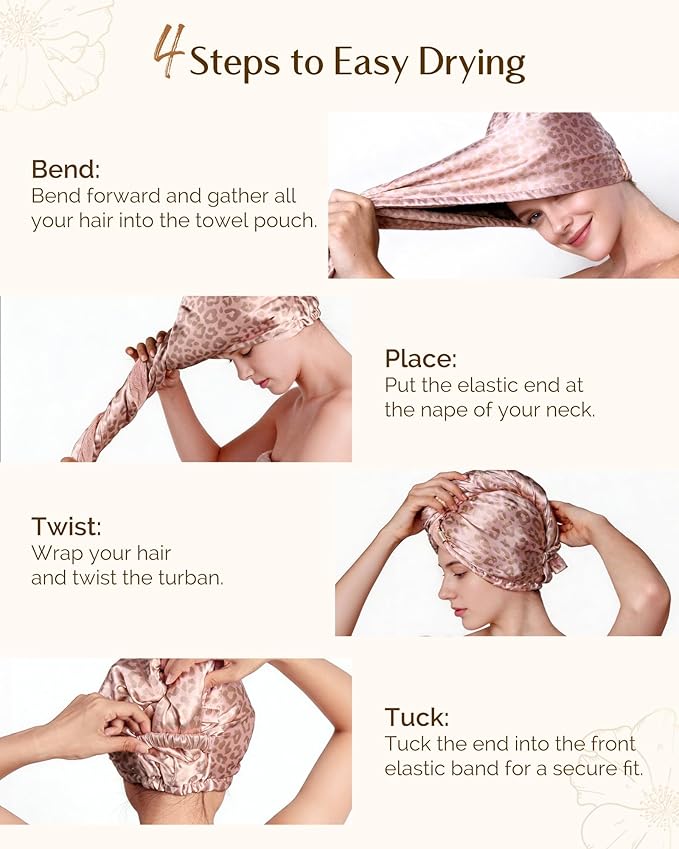YANIBEST Satin Microfiber Hair Towel Wrap for Women, Fast Drying, Ultra Absorbent, Head Turban with Elastic for All Hair Types, Pinkleopard