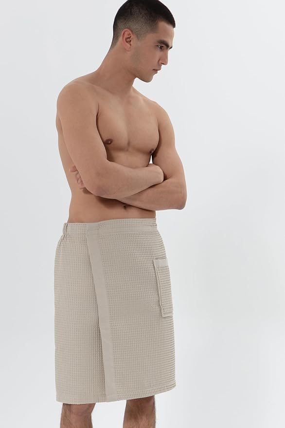 SEYANTE Men's Organic Waffle Spa Wrap – GOTS Certified 100% Turkish Cotton, Adjustable Closure, Same-Color Piping