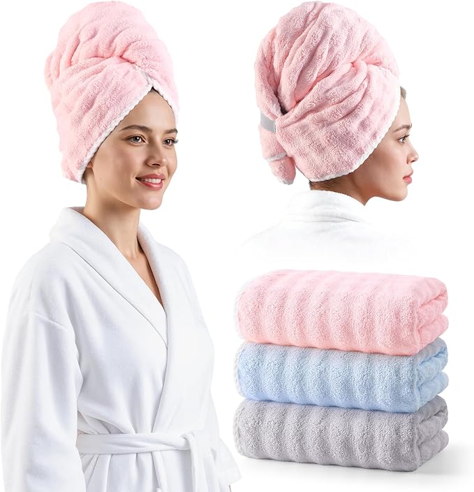 REDKISS 3 Pack Microfiber Hair Towels for Women, Hair Towel Wrap for Long Curly Thick Hair, Quick Dry 280 GSM Hair Drying Towel Wrap with Secure Strap, Soft Anti-Static Microfiber Towels
