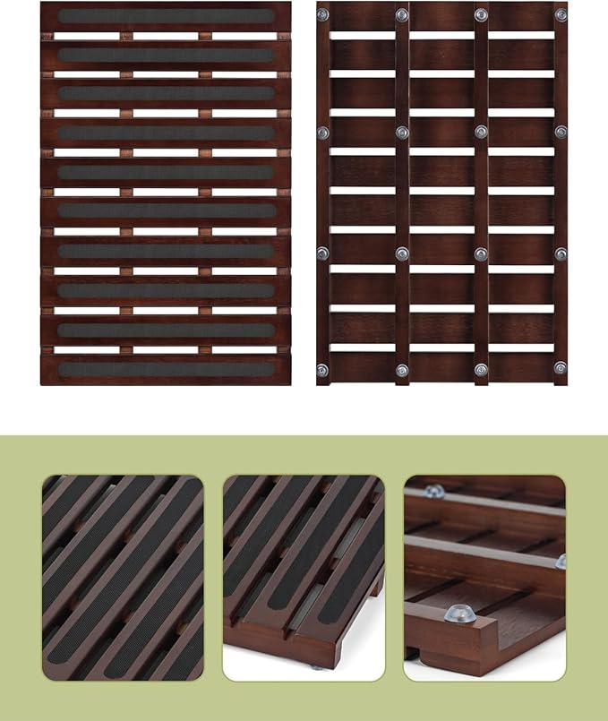 Bamboo Bath Mat, Bamboo Shower Mat for Bathroom, Non-Slip Bathroom Mat with Anti-Slip Stickers, Easy Clean Wooden Bath Floor Mat for Indoor Outdoor （ Brown, 21×13×1.57Inches）