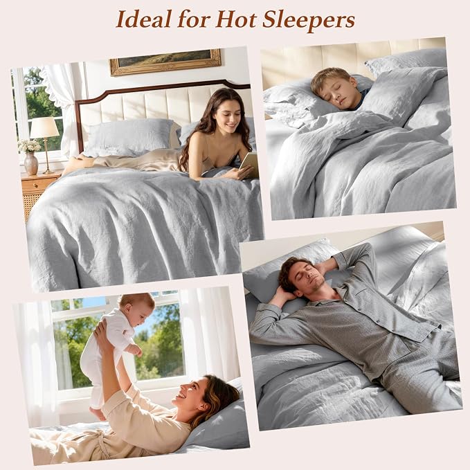 100% Pure Linen Duvet Cover Set Queen Size 3 Pcs Natural Linen Bedding Zipper Closure Breathable Soft Comforter Cover Sets, Cozy for All Season (Queen, Gray)