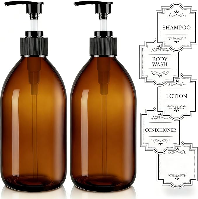 16 oz Amber Glass Soap Dispenser with Pump, Glass Pump Bottle for Lotion Body Oil, 500ml Hand and Dish Soap Dispensers Set with Storage Caps, Labels - 2 Pack