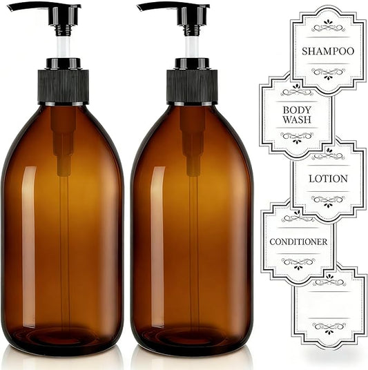 16 oz Amber Glass Soap Dispenser with Pump, Glass Pump Bottle for Lotion Body Oil, 500ml Hand and Dish Soap Dispensers Set with Storage Caps, Labels - 2 Pack