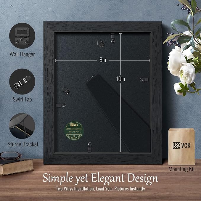 VCK 8x10 Picture Frame Set of 4, Black Wooden Photo Frames with Plexiglass, Vertical Horizontal Wall & Tabletop Display for Home Office Gallery Wall Art Decor