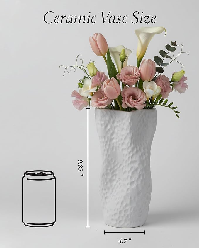 White Matte Ceramic Vase, 9.9 Inch Organic Nature Trunk Shape, OOSTONEE Modern Wabi Sabi Unique Flower Vase for Home, Living Room, Bedroom, Dining Table, Centerpiece Decor