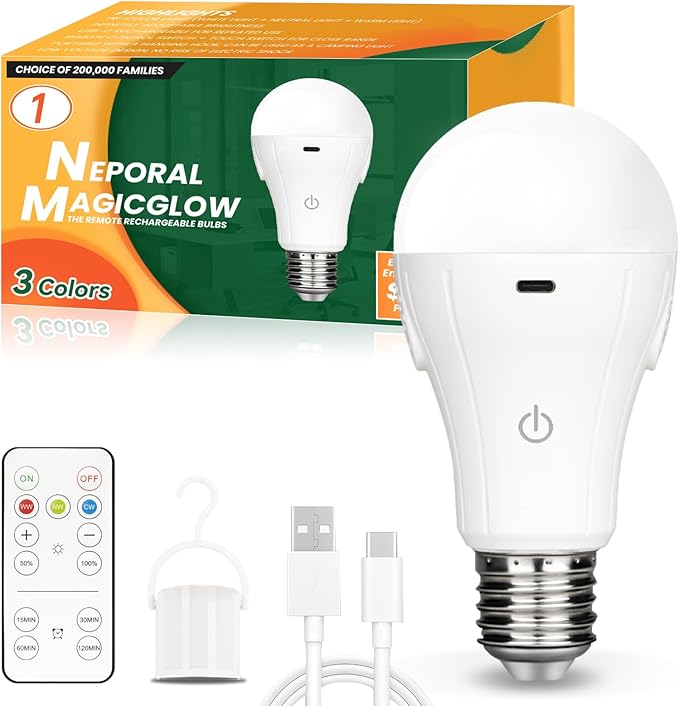 Neporal MagicGlow Rechargeable Light Bulbs with Remote, 3 Colors Shift + Stepless Dimmable Battery Light Bulbs, USB Rechargeable, A19, Up to 24 Hours