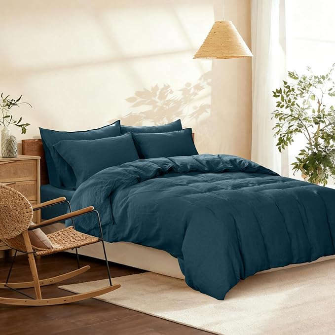 S VICTORY SYMBOL 100% Organic Linen Duvet Cover Set,Natural French Flax Bedding,1 Comforter Cover and 1 Pillowcase,2pcs Twin Size Soft Breathable Bedding Set(Sea Blue)