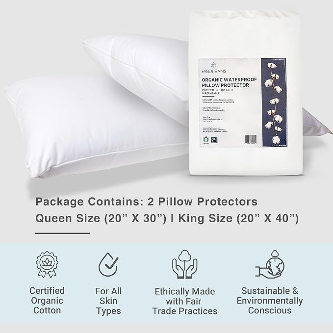FABDREAMS Organic Waterproof Pillow Protector Set Queen Size | Pillow Cover Set of 2 | Pillow Encasement Set of 2 | Temperature Regulating | Breathable | Queen | 20” X 30” | White