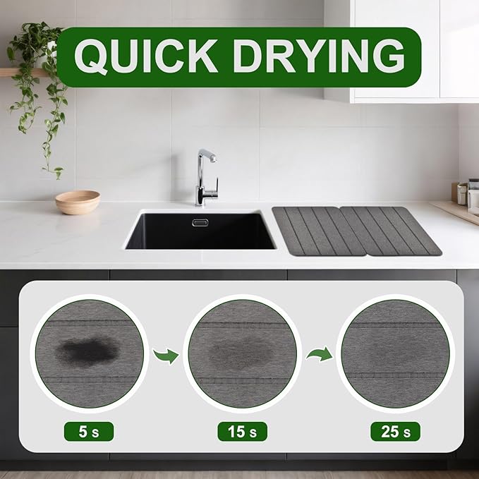 Stone Drying Mat for Kitchen Counter, 2-Pack 16"x12" Fast Drying Stone Dish Mat, Double-Sided Diatomaceous Earth Dish Drying Mat, Highly Absorbent Eco-Friendly Kitchen Mat (Gray, Vertical Stripes)