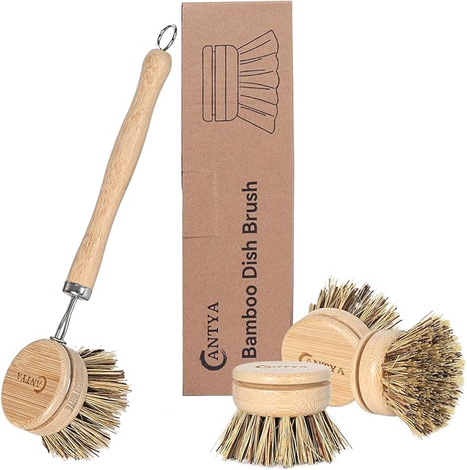 Bamboo Dish Scrubber with Handle - Hard Bristle, Natural Dish Brush Sustainable & Biodegradable, Bamboo Wok Brush for Dishes, Pans and Pots