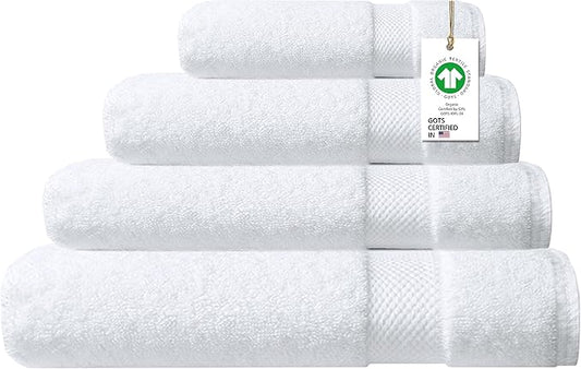 100% Organic Cotton Towel Set, 4-Piece: 1 Bath Towel, 1 Bath Sheet, 1 Hand Towel, 1 Wash Cloth - White, Quick Dry, Plush, GOTS Certified