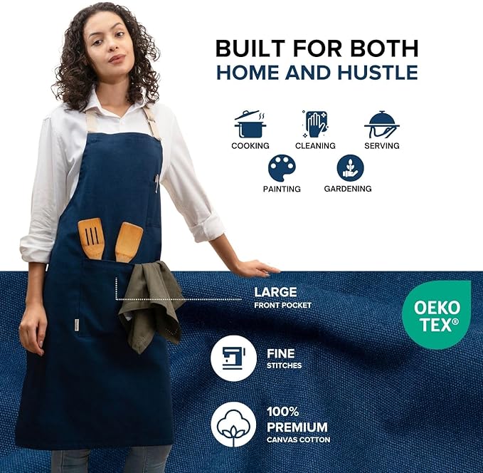 Cotton Canvas Apron for Women & Men – Adjustable Neck Strap & Waist Ties with Pockets