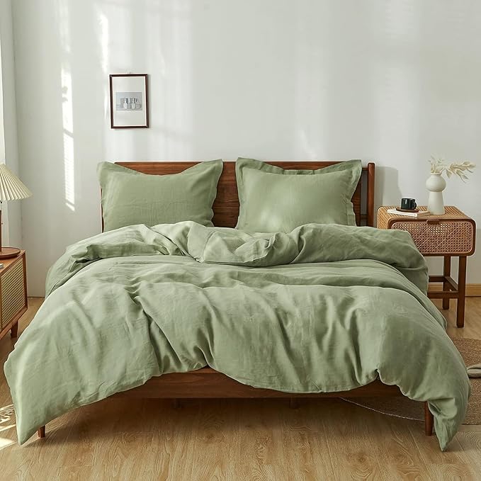 Simple&Opulence 100% Linen Duvet Cover Set 3pcs Natural French Basic Style Washed Flax Solid Color Breathable Soft Farmhouse Bedding with Button Closure (Sage Green, Full)