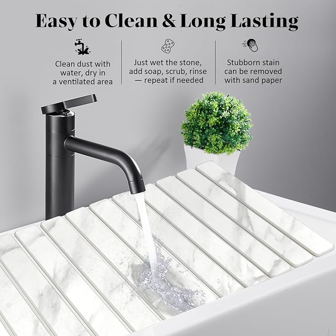 Large Stone Dish Drying Mat for Kitchen Counter, Quick Dry Dish Drying Mats, Foldable Absorbent Diatomaceous Earth Mats for Dishes Bottles Cup, Match Any Countertop (White Marble 28"×16" & 8"x4")