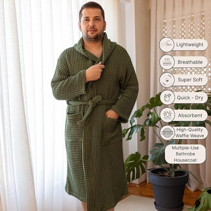 100% Turkish Cotton Men's Waffle Robe with Hooded, Premium Soft Cozy Housecoat or Quick-Dry Bathrobe for Mens