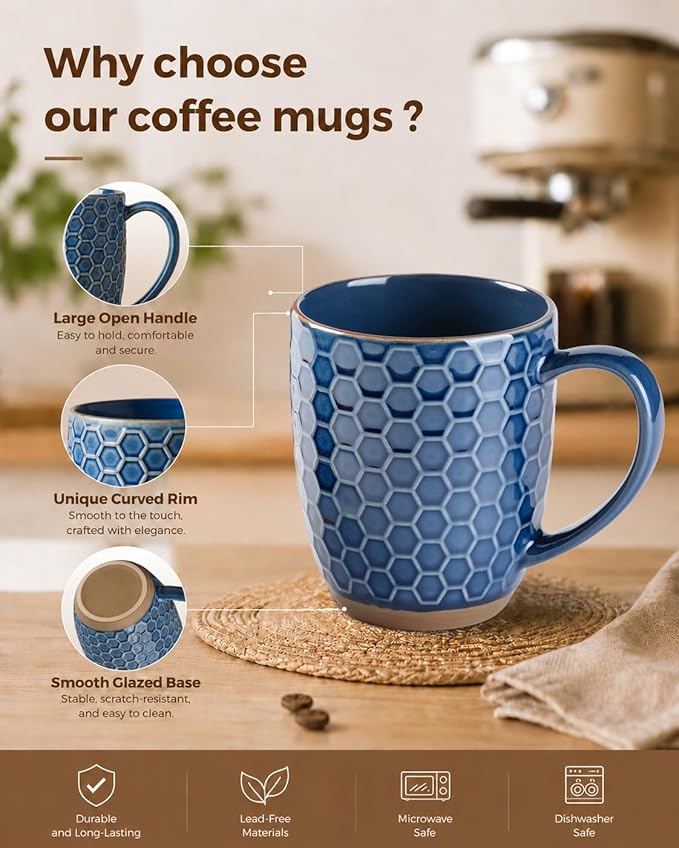 GBhome Large Coffee Mugs Set of 4, 16oz Handmade Embossed Coffee Mugs Set with Large Handle for Cappuccino/Latte/Tea/Hot Cocoa, Dishwasher & Microwave Safe, Blue