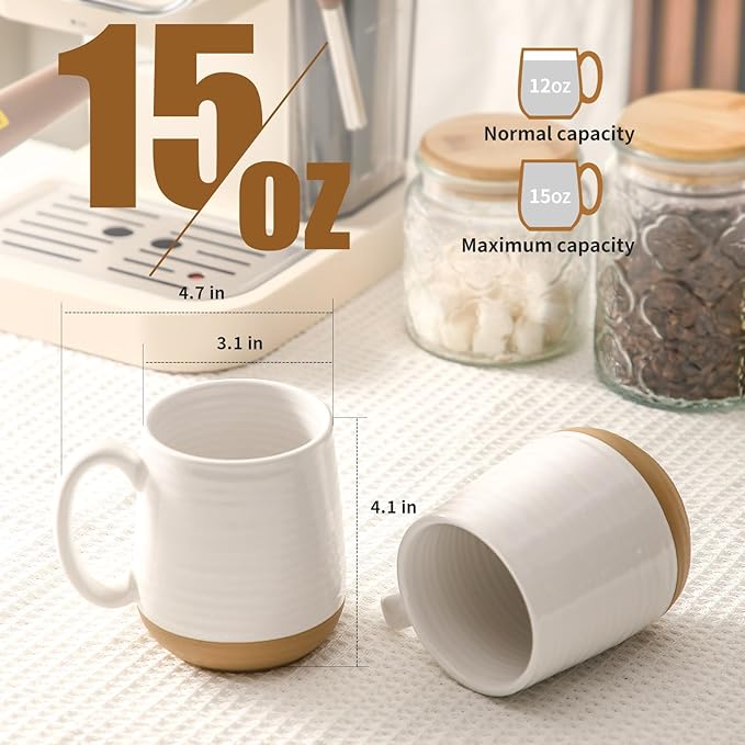HASENSE Coffee Mugs Set of 4, 15oz Ceramic Coffee Cups with Handle, Two-Tone Design for Cappuccino Latte Tea, Large Microwave Dishwasher SafeMug Set, Housewarming Gift, Creamy White