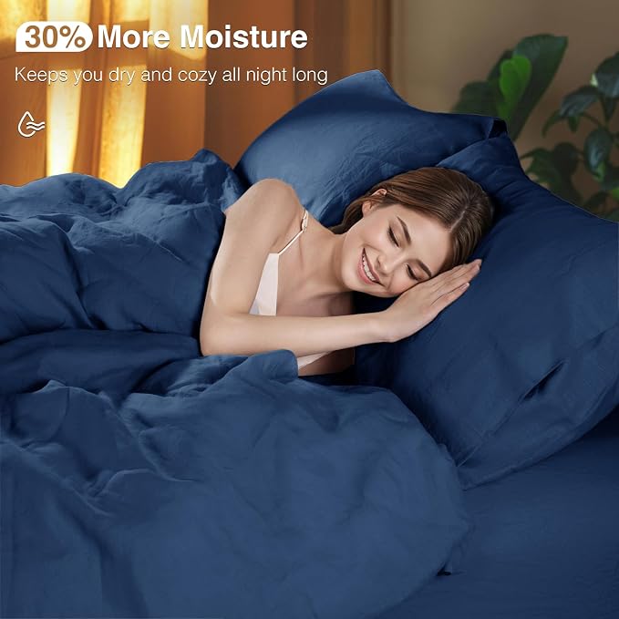 SONORO KATE 100% French Linen Duvet Cover King Size, Soft Breathable for Hot Sleepers, Moisture Wicking & Durable Cover Set - Zipper Closure & 4 Corner Ties Duvet Covers 3 Piece (Navy Blue,King)