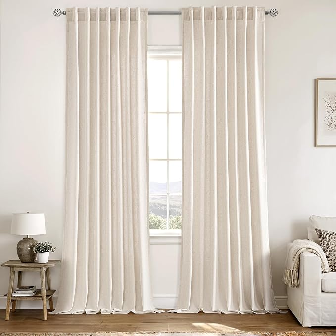 MIULEE Non-See-Through Privacy Linen Curtains 2 Panels, Light Filtering Window Curtains Farn House Textured Back Tab Semi Sheer Drapes for Bedroom Living Room, 52 x 96 Inches Long, Cream
