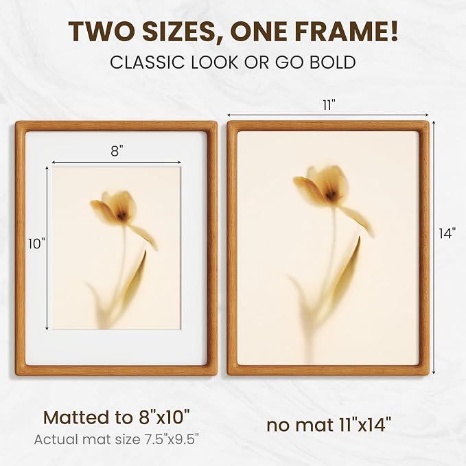 11x14 Picture Frame, USA-Sourced Teak Wood Picture Frame 11 x 14, Photo Frame with High Tempered Glass, 11 by 14 Wooden Frame Matted to 8x10 Photo Wall Mounted, Teak Color, 1 Pack