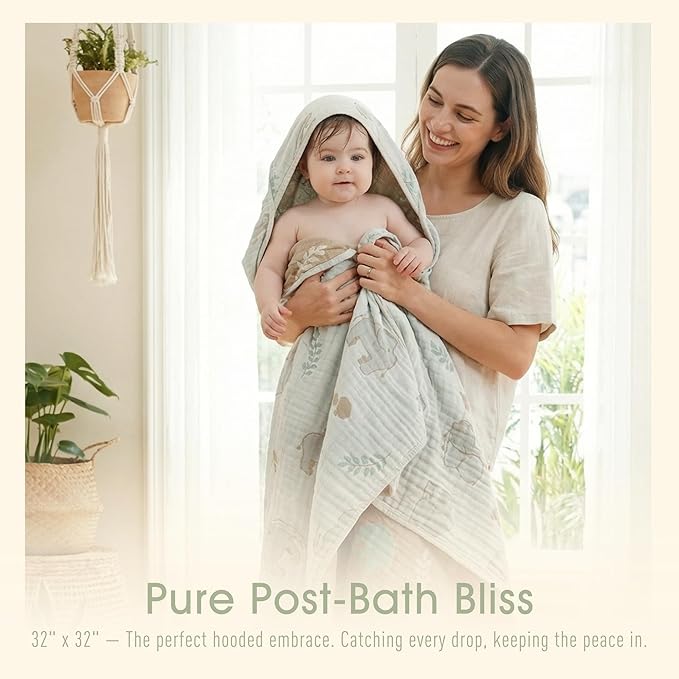 Ultra-Soft Muslin Baby Hooded Towel - 32 x 32 Inches, Ideal for Bath & Beach, Suitable for Both Boys & Girls from Newborns to Toddlers