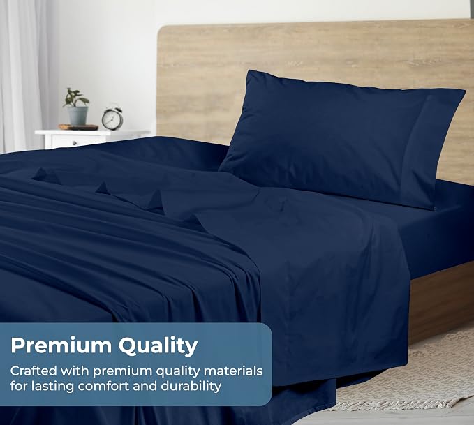 ROYALE LINENS 100% Organic Cotton Twin Sheet Set - Percale Weave - 3 Pieces Set - 1 Flat, 1 Deep Pocket Fitted Sheet and 1 Pillowcases - Navy Bed Sheets - Sábanas Twin - Crisp Cool (Navy)