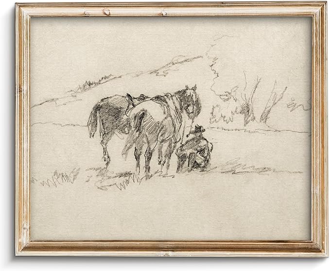 Vodefoad Vintage Western Canvass Wall Art Sketch Cowboy with Horses in a Natural Landscape Minimalist Sketches Decor for Gallery Home Bedroom Farmhouse Bedroom - 8x10Inch Unframe