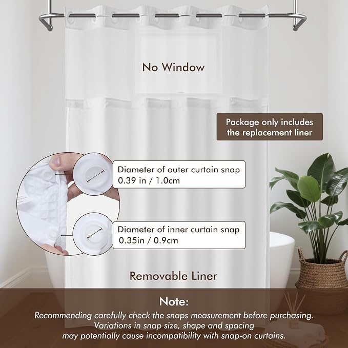 Barossa Design Fabric Snap-in Replacement Liner 70" x 69" - Use for Hotel Style Shower Curtain, Removable & Machine Washable, Water-Repellent - White, 70x69