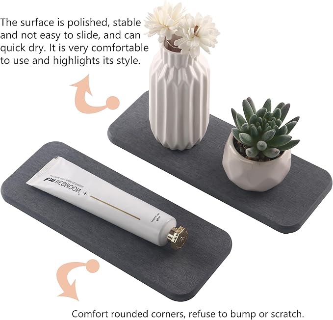 NiuYichee 2 Pcs Water Absorbing Stone Trays, Kitchen/Bathroom Sink Soap Dish, Diatomite Tray Used for Hand Soap & Cosmetic Bottles in The Modern Home, 3.54" W x 9" L, Dark Gray