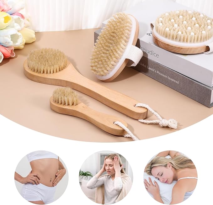 4PCS Dry Brushing Body Brush Set, Bamboo Dry Brush for Exfoliating Body Face, Boar Bristle Face Cleansing Shower Back Scrubber Brushes