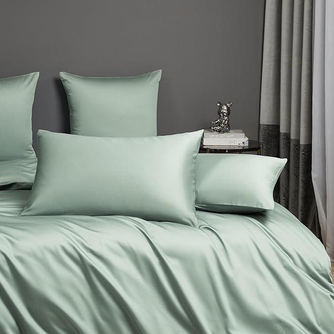 Sage Green Cotton Duvet Cover Set King 100% Long-Staple Cotton Sateen Bedding Set, Soft Breathable Smooth Organic Pure Cotton Plain Comforter Cover, Luxury Minimalist Bedroom Decor for All Season