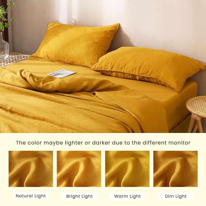 S VICTORY SYMBOL 100% Organic Linen Duvet Cover Set 3 Pieces,Stone Washed French Flax Bedding Set-1 Comforter Cover and 2 Pillowcase,(Yellow,Full) Soft,Breathable