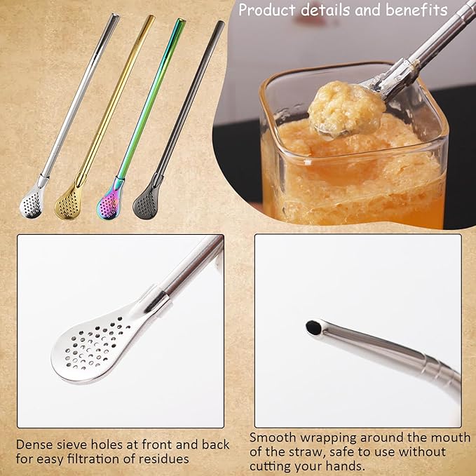 2 Pieces Stainless Steel Straw Spoon Filter with 2 Cleaning Brush, Reusable Tea Spoon for Loose Tea, Yerba Mate Straw, Metal Drinking Straws, Coffee Stirrers for Drinks Milk Beverage (Silver)