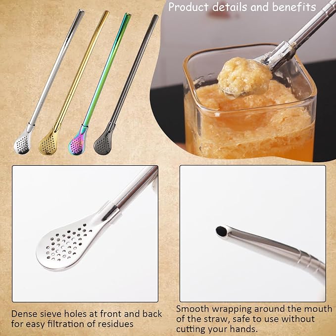 2 Pieces Stainless Steel Straw Spoon Filter with 2 Cleaning Brush, Reusable Tea Spoon for Loose Tea, Yerba Mate Straw, Metal Drinking Straws, Coffee Stirrers for Drinks Milk Beverage (Gold)