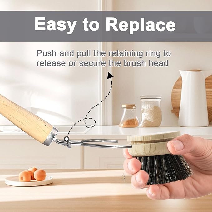 Wooden Dish Brush Set, 4 Natural Bristle Replacement Heads with 1 Sturdy Wooden Handle, Horsehair Kitchen Scrub Brush for Pots, Pans, Vegetables and Cookware