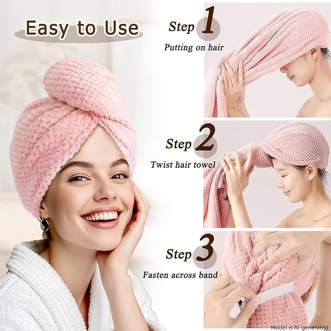 Microfiber Hair Towel Wrap Turban 2 Pack Large | Super Absorbent Quick Dry & Anti-Frizz for Women with Curly Hair | 27.5" x 39.4" Hair Towel Cap