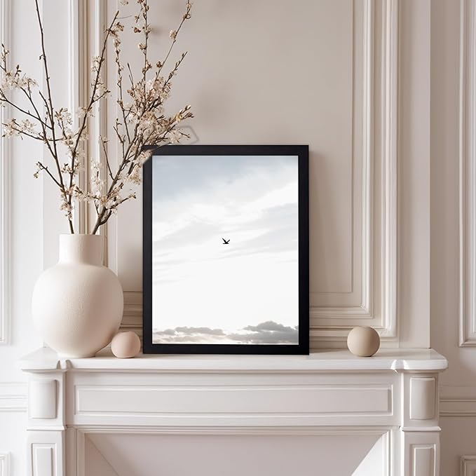Monem Art Minimalist Bird in Sky Photography Print - Moody Nordic Landscape Art Poster - Wall Decor for Living Room, Bedroom or Office - 12x16 Black Framed Wall Art by Mareike Bohmer