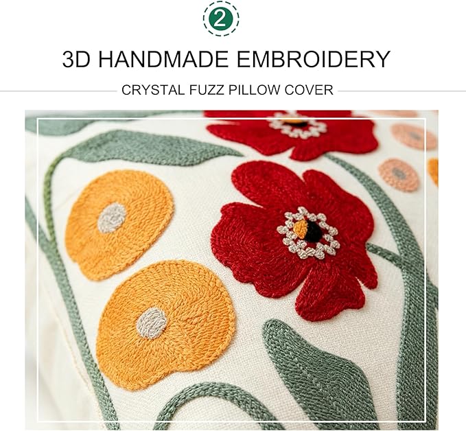 Embroidered Throw Pillow Cover 18x18 Inch,Cotton Canvas Floral Pillow Case, Daisy Wildflower Leaf Boho Farmhouse Decorative Cushion Square for Sofa Bedroom Living Room Outdoor Couch Farmhouse(A001)