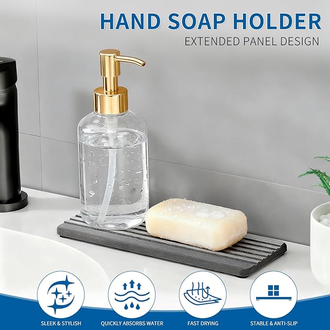 Hand Soap Holder for Bathroom, Water Absorbing Stone Drying Tray, Fast Drying Diatomite Stones Soap Trays for Countertop, 4x8 Inch Rectangle Grooved Design, with Non-Slip Pad, for Bathroom Sink
