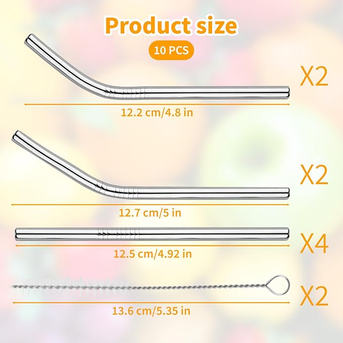 10-Pack Stainless Steel Smoothie Straws Reusable - 4 Straight and 4 Bent 5'' Straw with 2 Cleaning Brushes - 0.24'' Wide Metal Drinking Straws for Milkshake, Smoothie, Beverage