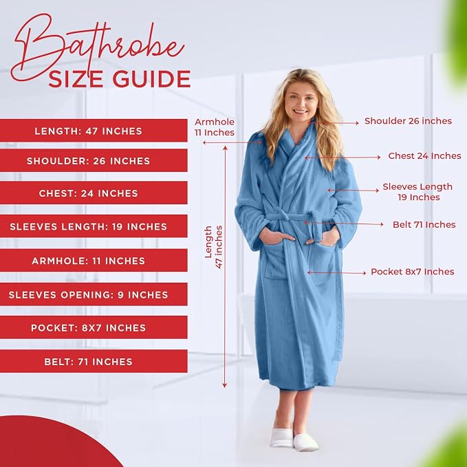 RIVERSIDE Premium 100% Cotton Terry Bathrobe For Women and Men - Soft Towel Robes with Shawl Collar Ajdustable Belt & Pockets