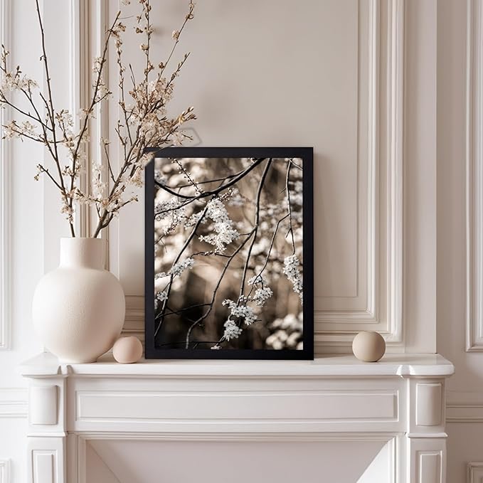 Monem Art Cherry Blossom Branch Photography Print - Moody Botanical Nature Art Poster - Wall Decor for Living Room, Bedroom or Office - 12x16 Black Framed Wall Art by Mareike Bohmer