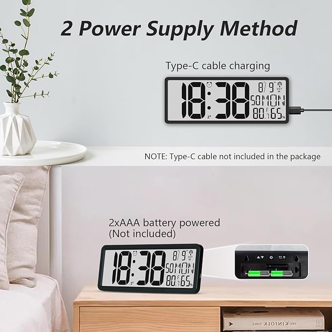 Digital LCD Atomic Desktop Clock, 7.8" Screen with Time, Date, Temperature, Humidity, Alarm, Snooze, DST, Time Zone for Home, Office (No Backlight)
