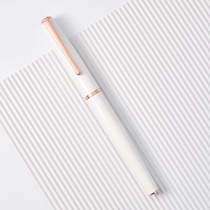 HongDian 920 White Metal Fountain Pen, Rose Gold Plated Extra Fine Nib Smooth Writing Pen, Classic Pen with Ink Converter
