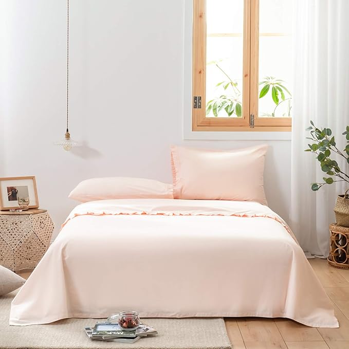Simple&Opulence 100% Cotton Sheet Set Ruffle- 4Pcs (1 Flat Sheet 1 Fitted Sheet 2 Pillowcases) Bed Sheets Soft French Country Shabby Chic Vintage Bedding Set Aesthetic Farmhouse (Blush Pink, Full)