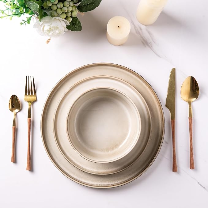 AmorArc Stoneware Dinnerware Sets & Pasta Bowls & Coffe Mugs,Service for 4 (22pc)