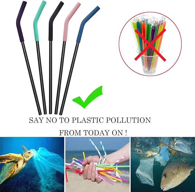 Senneny Set of 5 Stainless Steel Straws with Silicone Flex Tips Elbows Cover, 2 Cleaning Brushes and 1 Portable Bag Included (Black)- 6mm diameter